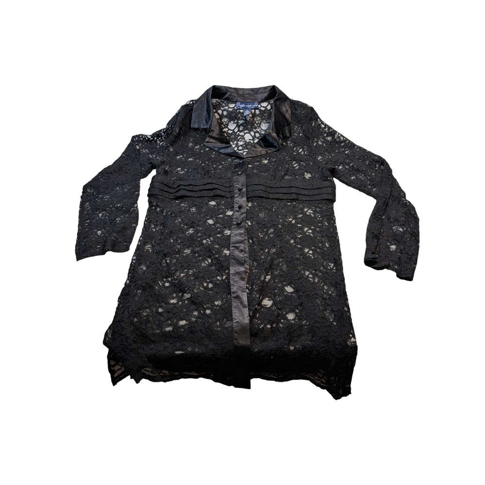 Susan Graver Women Lace Button Front Tunic XL Black Floral Satin Trim